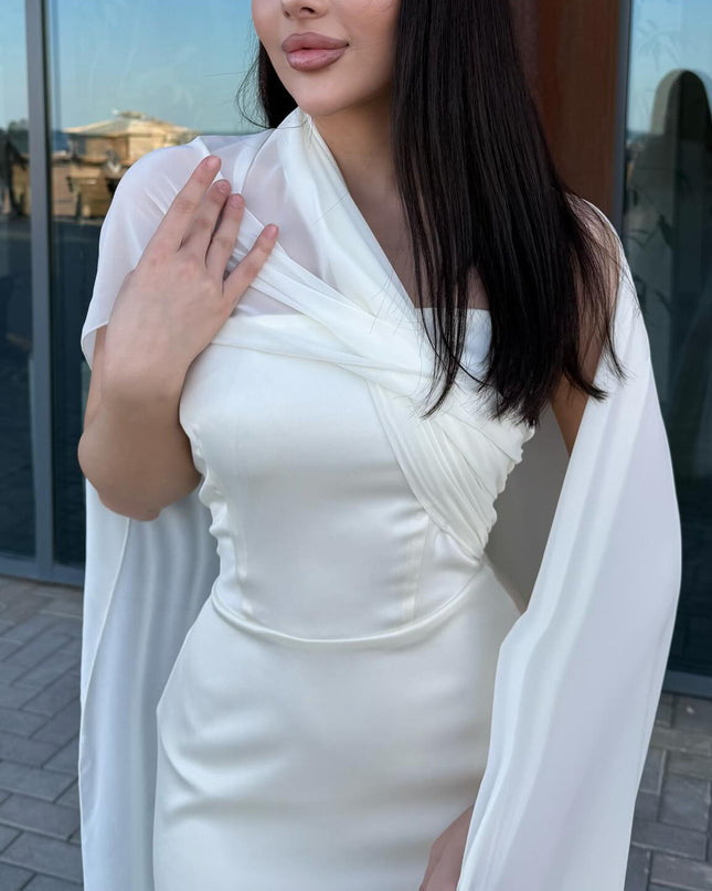 White Satin One - Shoulder Maxi Dress With Flowing Chiffon Cape