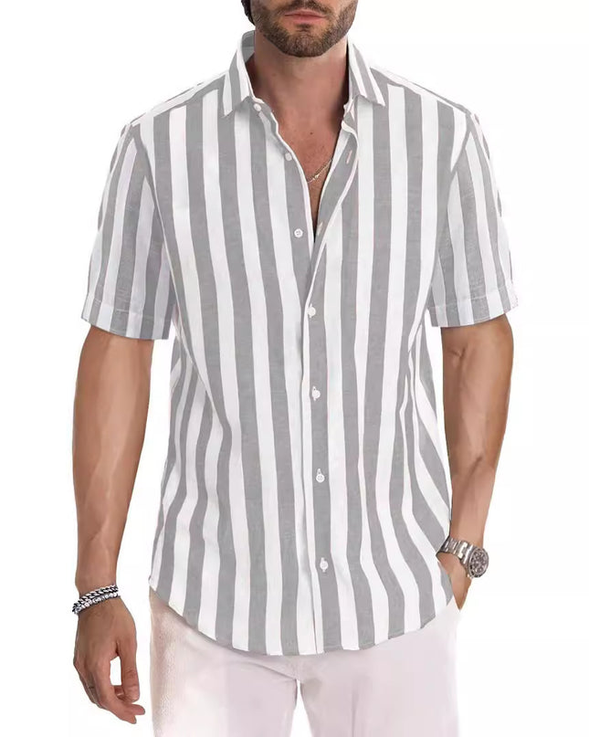 Summer European And American Men's Beach Casual Sports Yarn-dyed Striped Short-sleeved Lapel Shirt