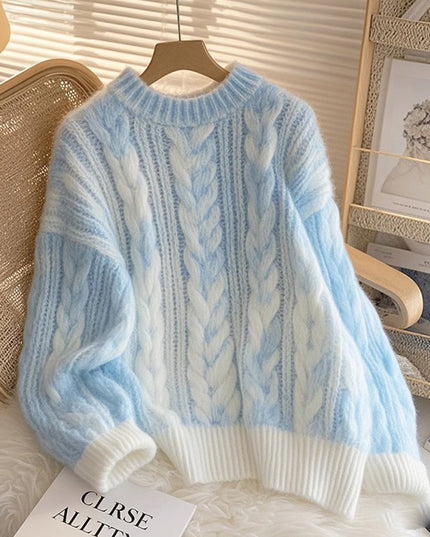 Blue Soft Glutinous Lazy High-grade Pullover Cable-knit Sweater