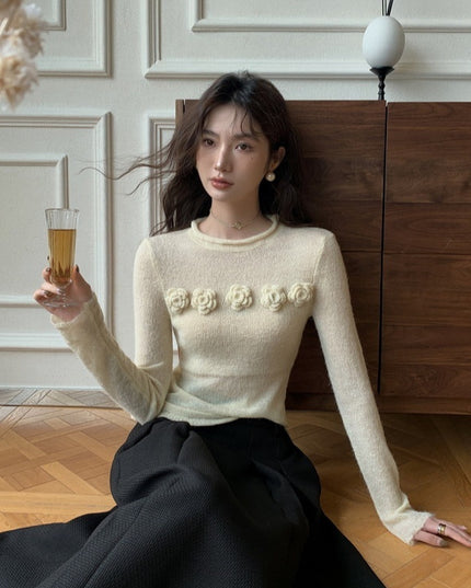 Micro Transparent Flower Sweater New Korean Version Elegant Round Neck Knitted Top