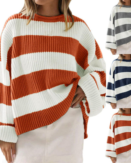 Loose Striped Sweater Fashion Casual Long Batwing Sleeve Round Neck Pullover Knit Tops Women Clothing