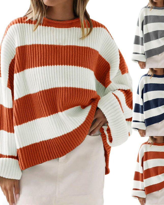 Loose Striped Sweater Fashion Casual Long Batwing Sleeve Round Neck Pullover Knit Tops Women Clothing
