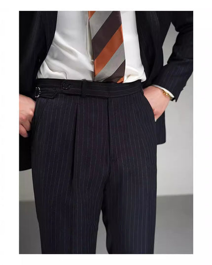 Autumn Wool Blended Single Pleated Striped Suit Pants