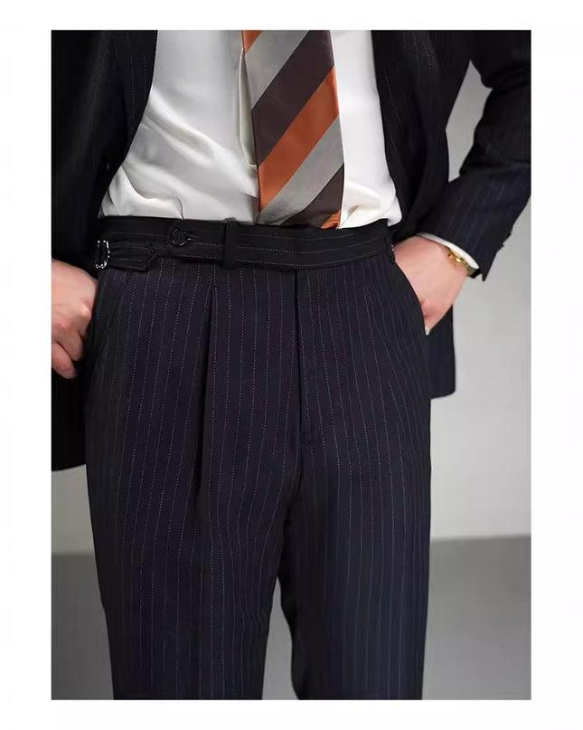 Autumn Wool Blended Single Pleated Striped Suit Pants