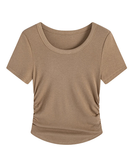 Plus Size Pleating Midriff Outfit High Elastic Bottoming Shirt Short Sleeve T-shirt