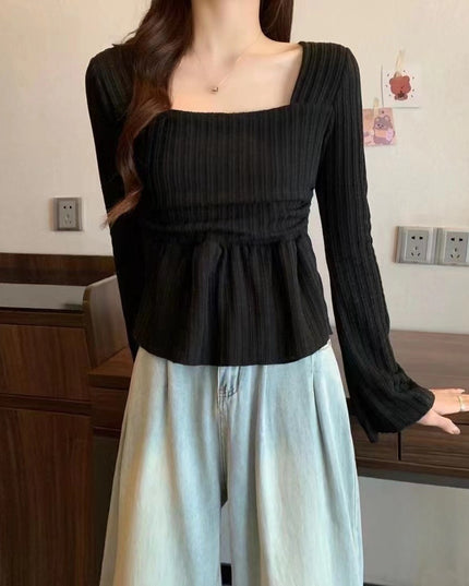 Pure Desire Apricot Hem Square Collar Long Sleeve Top