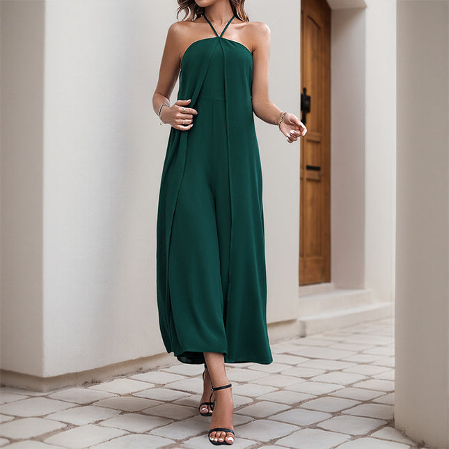 Vacation Casual Solid Color Long Halter Jumpsuit