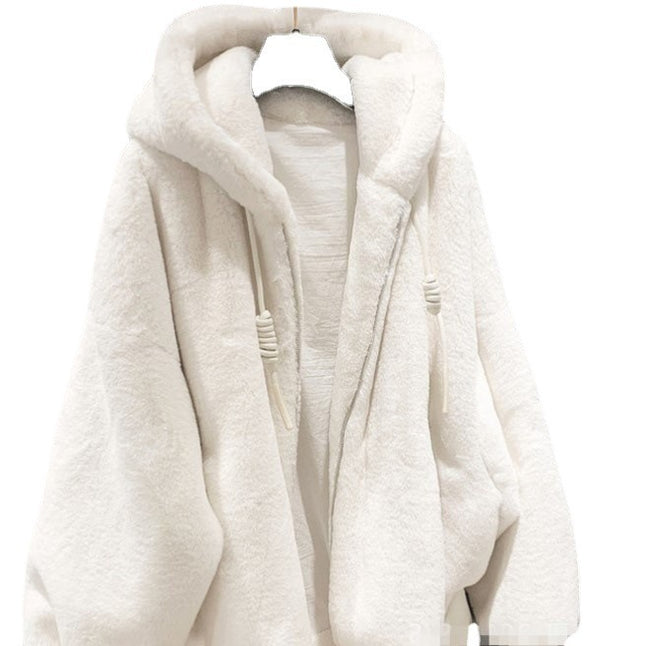 Women's Rex Rabbit Fur Hooded Loose Overcoat Jacket