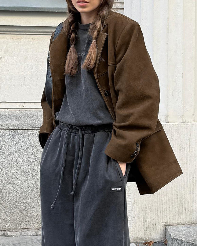 Brushed Velvet Retro Lapels Loose Suede Jacket