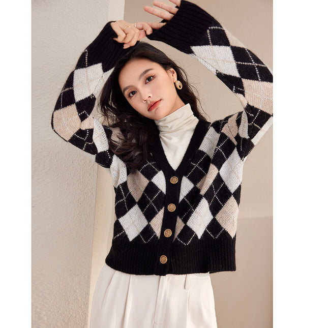 Autumn And Winter New French Minority Short Rhombus Long Sleeve Cashmere Knitted Coat