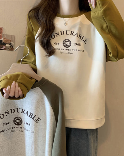 Contrast Color Raglan Long Sleeve Hooded Printed Women