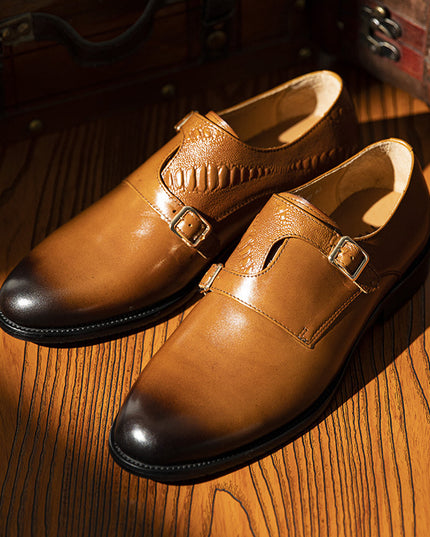 Men's First Layer Cowhide Summer Round Toe Double Buckle Retro Style Business Leather Shoes