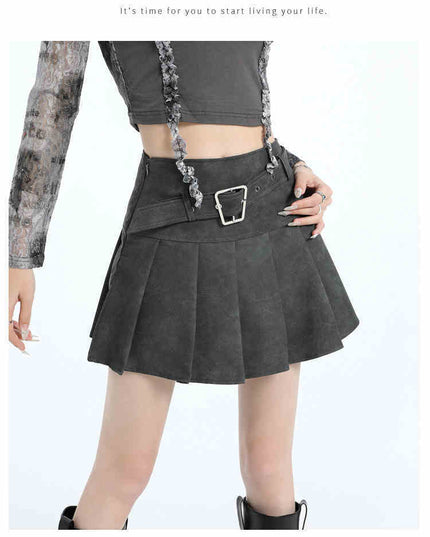 PU Leather Skirt High Waist Slimming A- Line Pleated Skirt