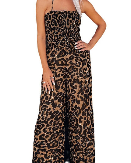 Women's Leopard Print Halter Backless Jumpsuit