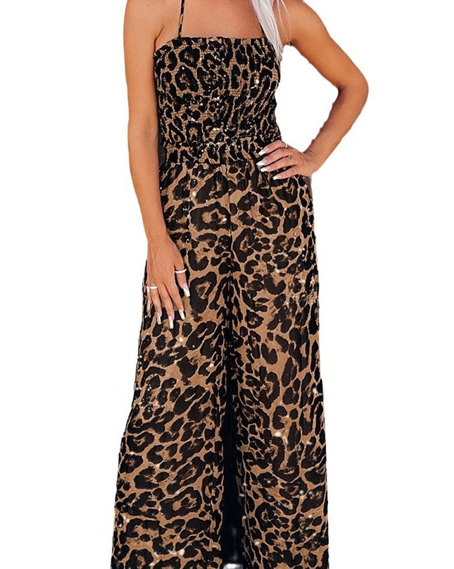 Women's Leopard Print Halter Backless Jumpsuit