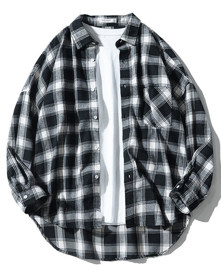 Japanese Style Plaid Long Sleeve Shirt Men Loose-fitting Workwear Jacket