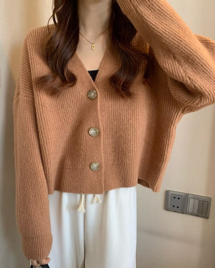 Women's V-neck Pure Color All-match Sweater Coat