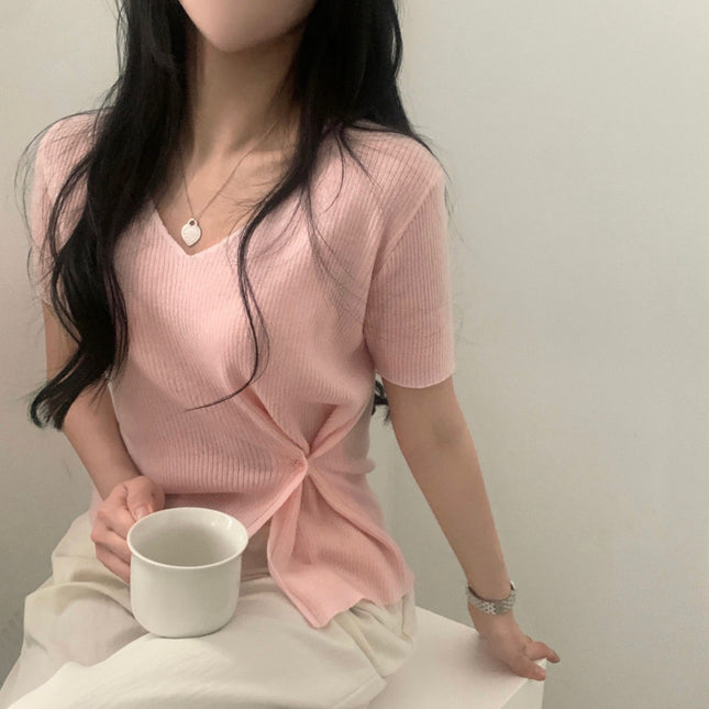 Summer Elegant V-neck Split Waist Fitted Short-sleeved Sweater