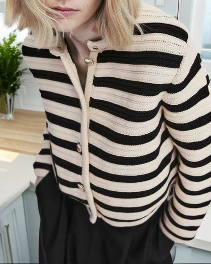 Buckle Striped Classic Style Knitted Cardigan Sweater Short Coat