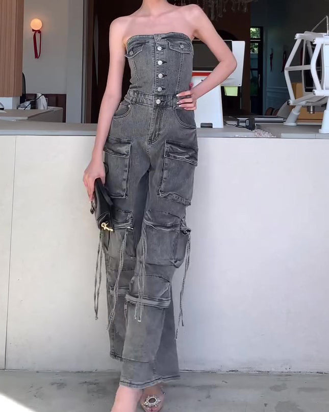 Denim Tube Top Single-breasted Jumpsuit