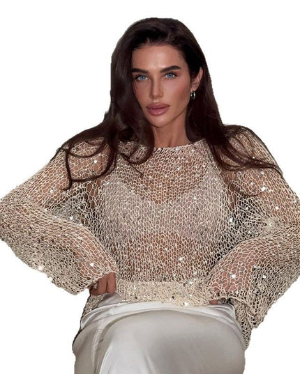Sequined Hollow-out Long-sleeved Top Casual Style Loose Knitted