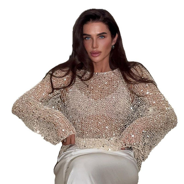 Sequined Hollow-out Long-sleeved Top Casual Style Loose Knitted
