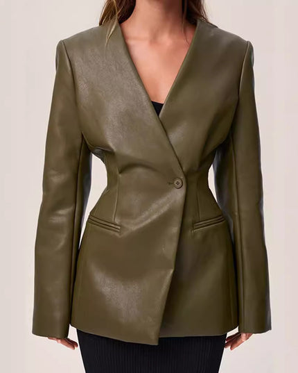 Fashionable Elegant Green V-neck Slim Suit Leather Coat