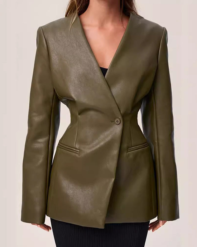 Fashionable Elegant Green V-neck Slim Suit Leather Coat