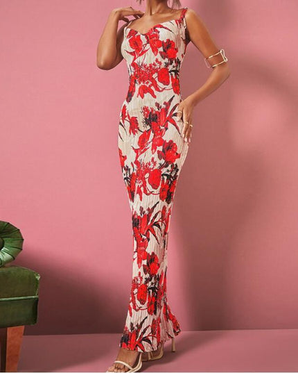 Printed Pleated Slim Fit Slimming Spaghetti Straps Maxi Dress