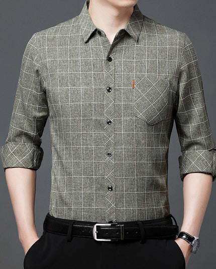 Linen-like Plaid Long-sleeved Shirt For Middle-aged Men
