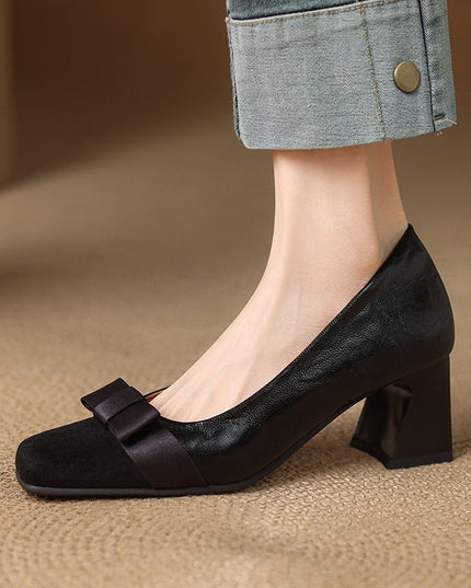 Retro Square Head Stitching Chunky Heel Pumps Women's Spring And Autumn New Bow Low-cut High Heels