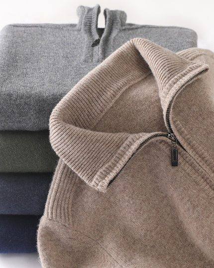 Double-strand Thickened 100 Pure Wool Knit Men's Pullover Lapel Zip-up Shirt