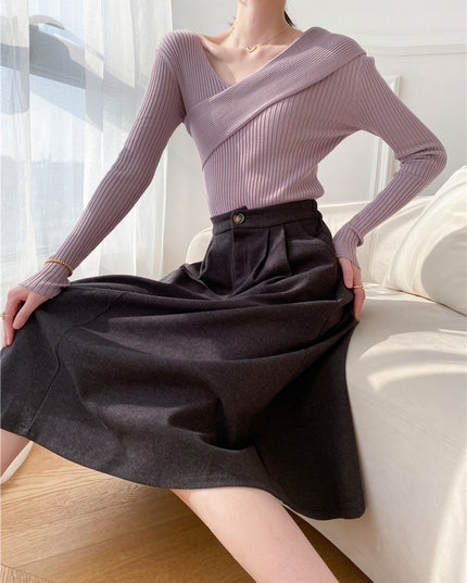 Crossbody Off-the-shoulder V-neck Cross-wire Knitted Sweater