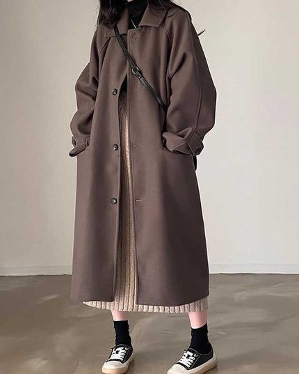 Retro Lapels Single-breasted Loose Mid-length Woolen Coat