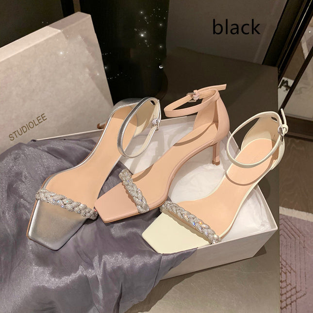 Braided  Diamond Word With Square Toe  Toe Stiletto Temperament Sandals