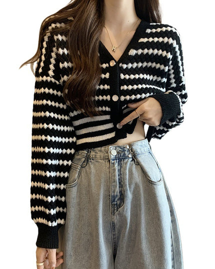French Style Classic Style Cardigan Knitted Short Striped Sweater