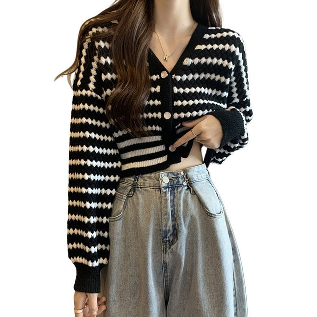 French Style Classic Style Cardigan Knitted Short Striped Sweater