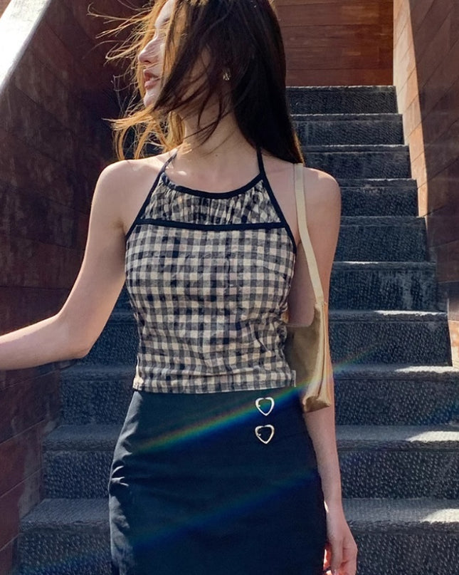 Split Stitching Plaid Halter Spaghetti Straps Vest Summer New Slim Fit Slimming