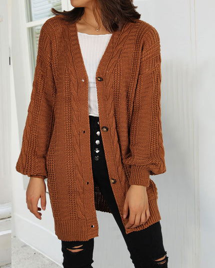 Autumn New Knitted Solid Color Plus Size Cardigan V-neck Twist Lantern Sleeve Coat For Women