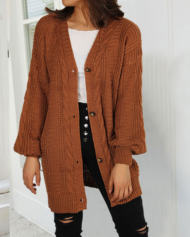 Autumn New Knitted Solid Color Plus Size Cardigan V-neck Twist Lantern Sleeve Coat For Women