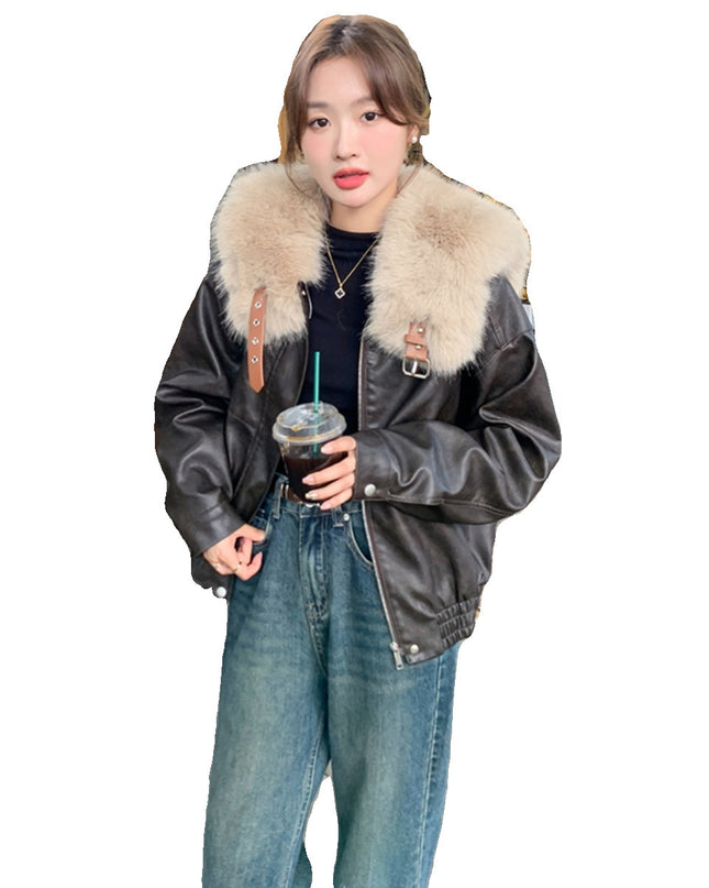 Real Shot Brown Rabbit Fur Liner Leather Jacket