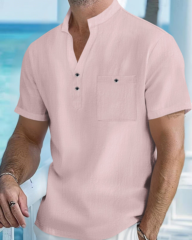 Stand Collar T-shirt Linen Short Sleeve Shirt Men