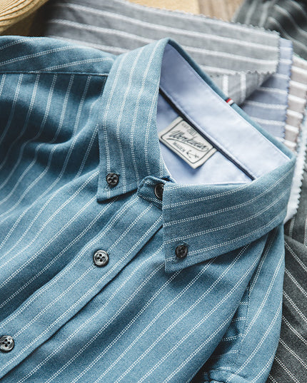 Madden Workwear American Retro Brushed Blue Vertical Striped Shirt Merchant
