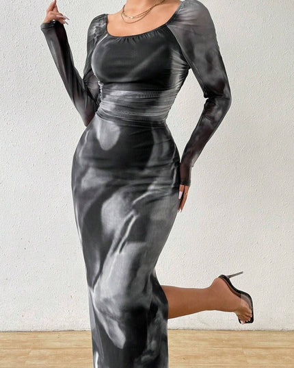 Printed Pleated Sexy Tight Split Square Collar Dress