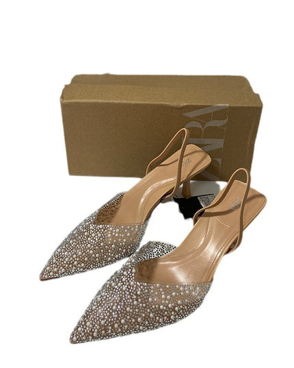 Women's Fashion Pointed Stiletto Heel Decorated Pearls Back Strap Sandals
