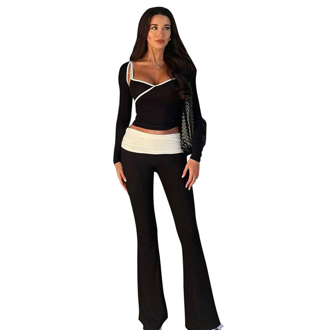Color Matching Waist Casual Bootcut Trousers Women