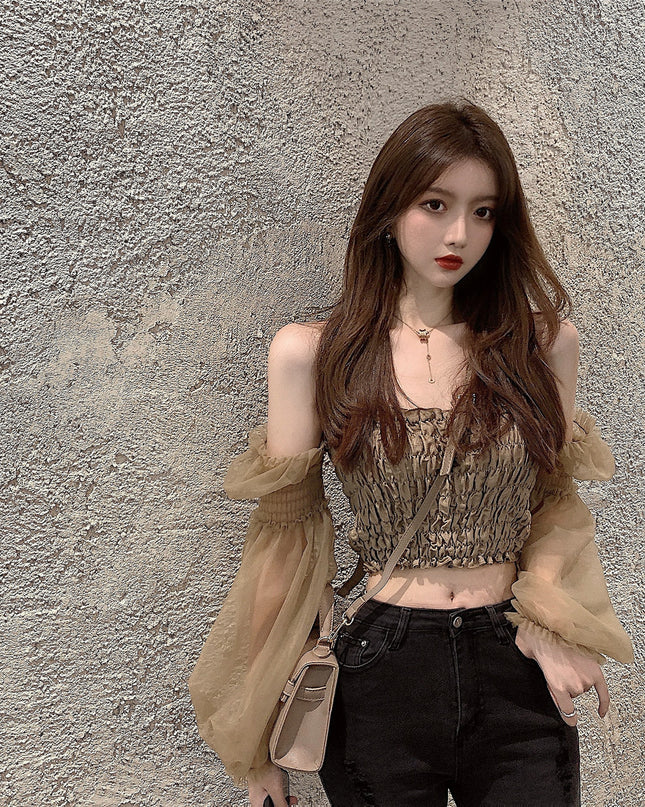 Off shoulder lace long sleeve slim fit short navel shirt