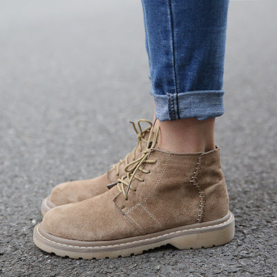 Vintage Suede Round Toe Lace-Up Ankle Boots