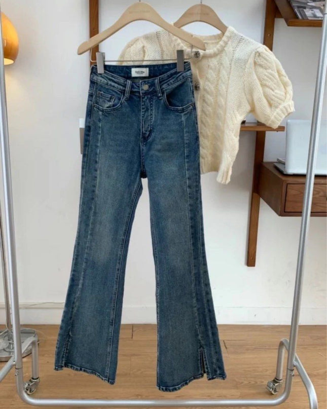 High-waisted, High-elastic, Slim-fitting, Brushed-color, Split-flared Jeans