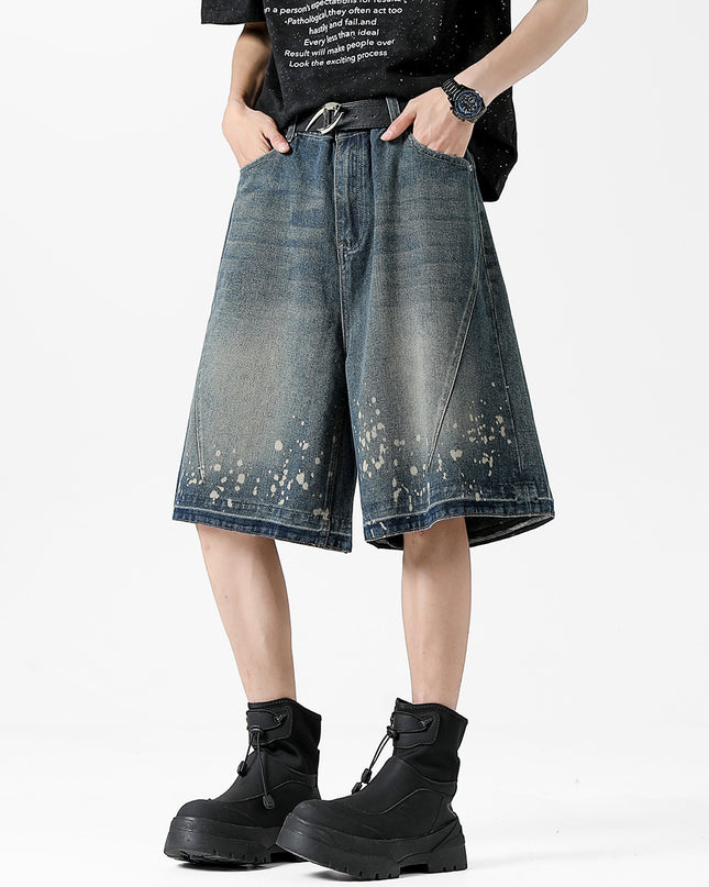 Retro Washed Ripped Splash Ink Five Points Denim Men's Shorts
